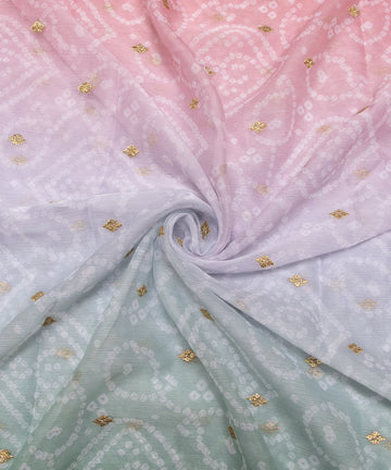 Green Bandhani Embroidery Digital Print Chiffon Fabric
